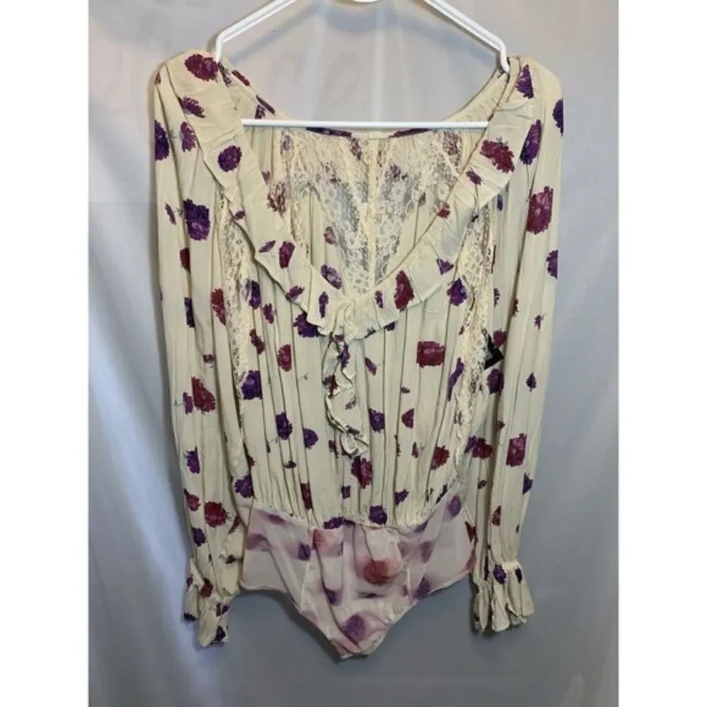 NEW FREE PEOPLE Sz S POPPY PRINTED BODYSUIT IN IVORY‎ COMBO
